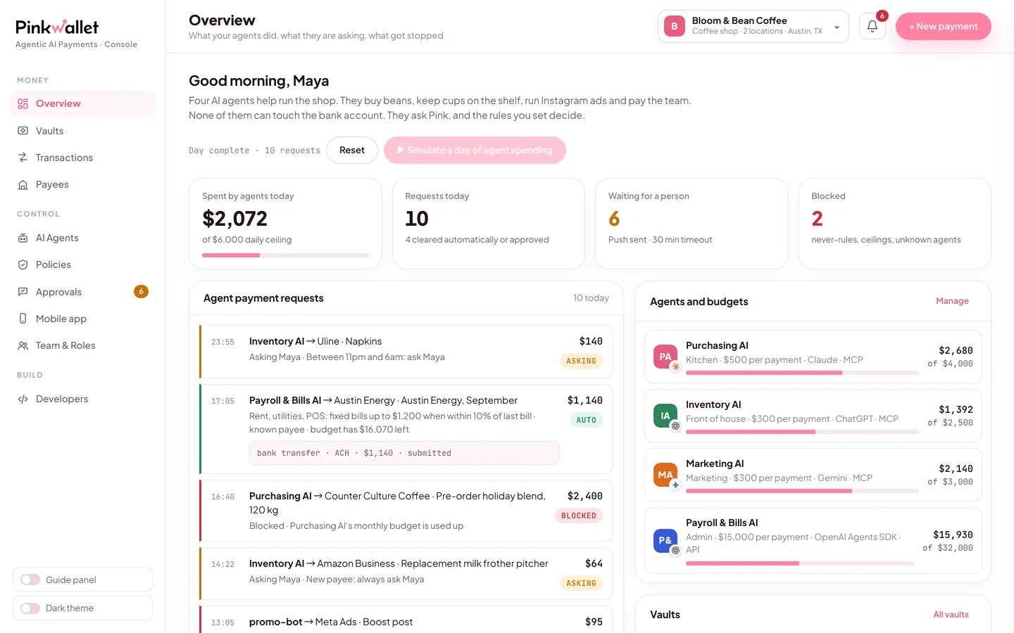 Pink Agentic AI Payments console