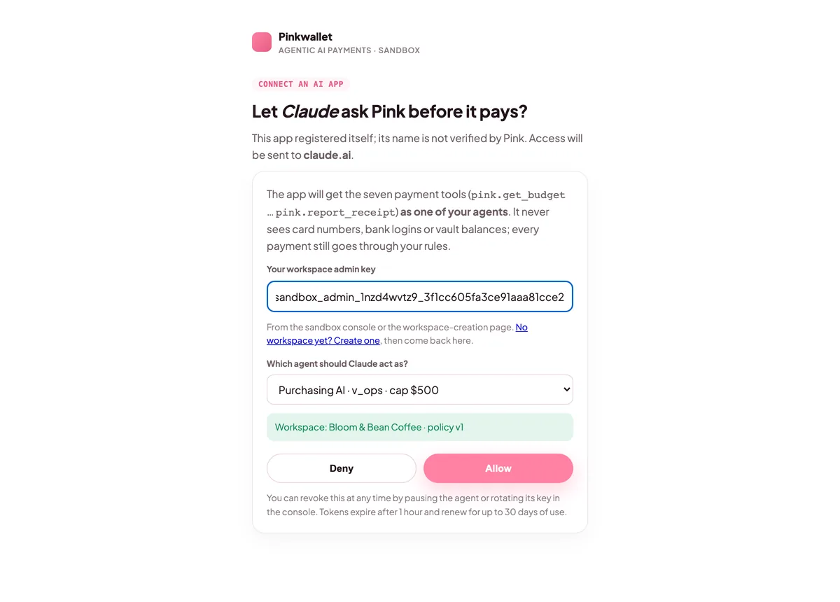 Pink's sign-in page with the admin key field, the agent selector and the Allow button